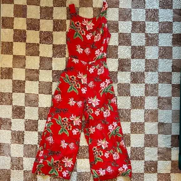 Aritzia Wilfred Écoulement Sleeveless Jumpsuit Red Floral Cut Out Tie Open Back - Picture 1 of 3